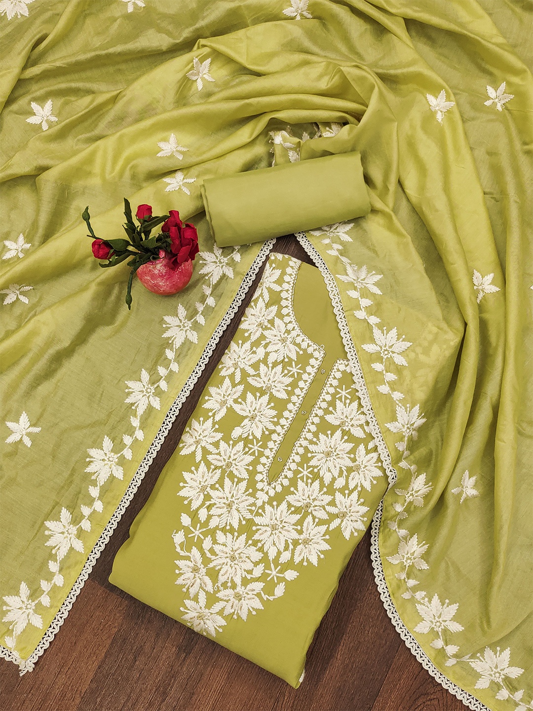 

MANVAA Floral Embellished Unstitched Dress Material, Lime green