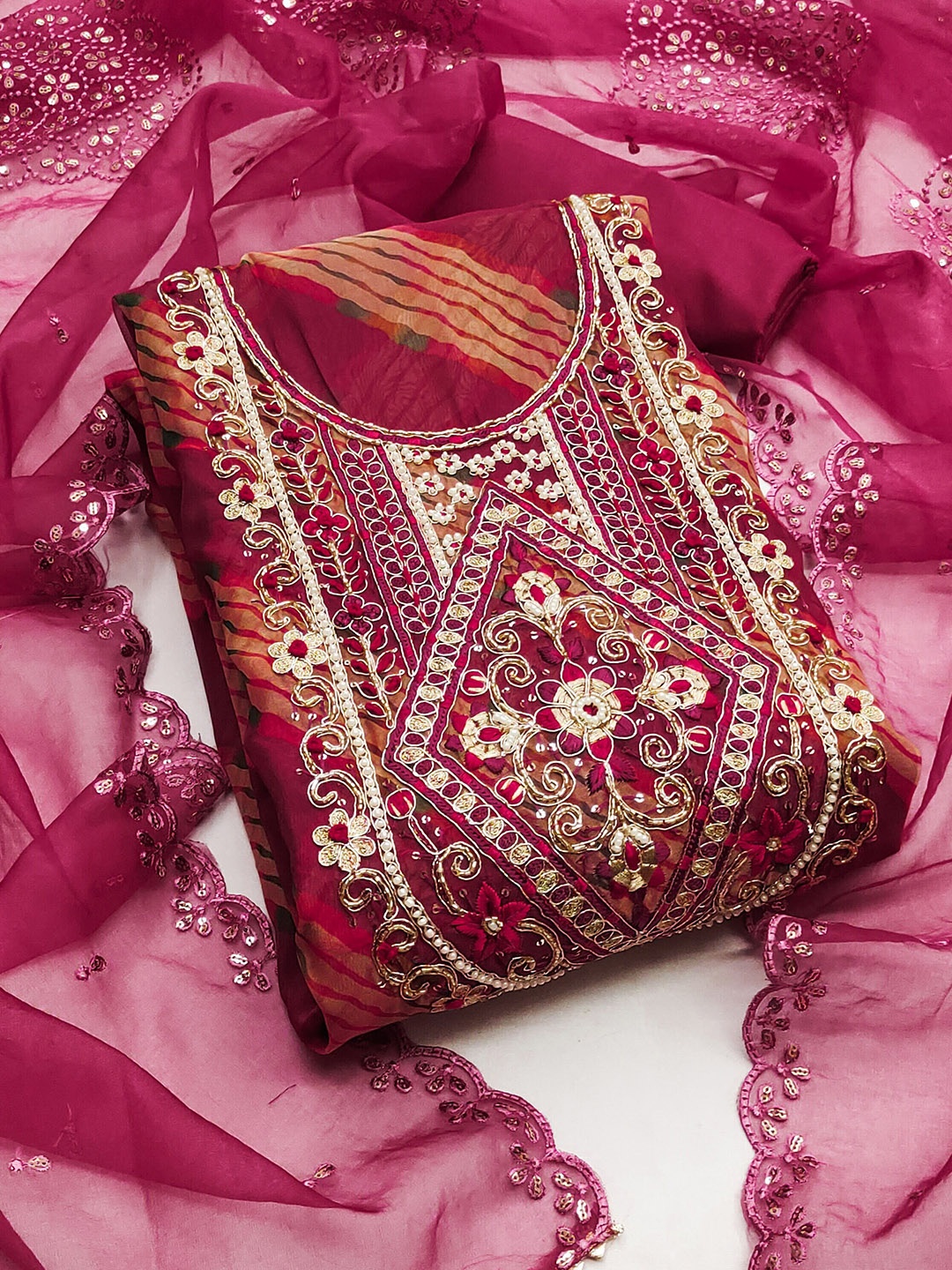 

MANVAA Ethnic Printed Zari Organza Unstitched Dress Material, Pink