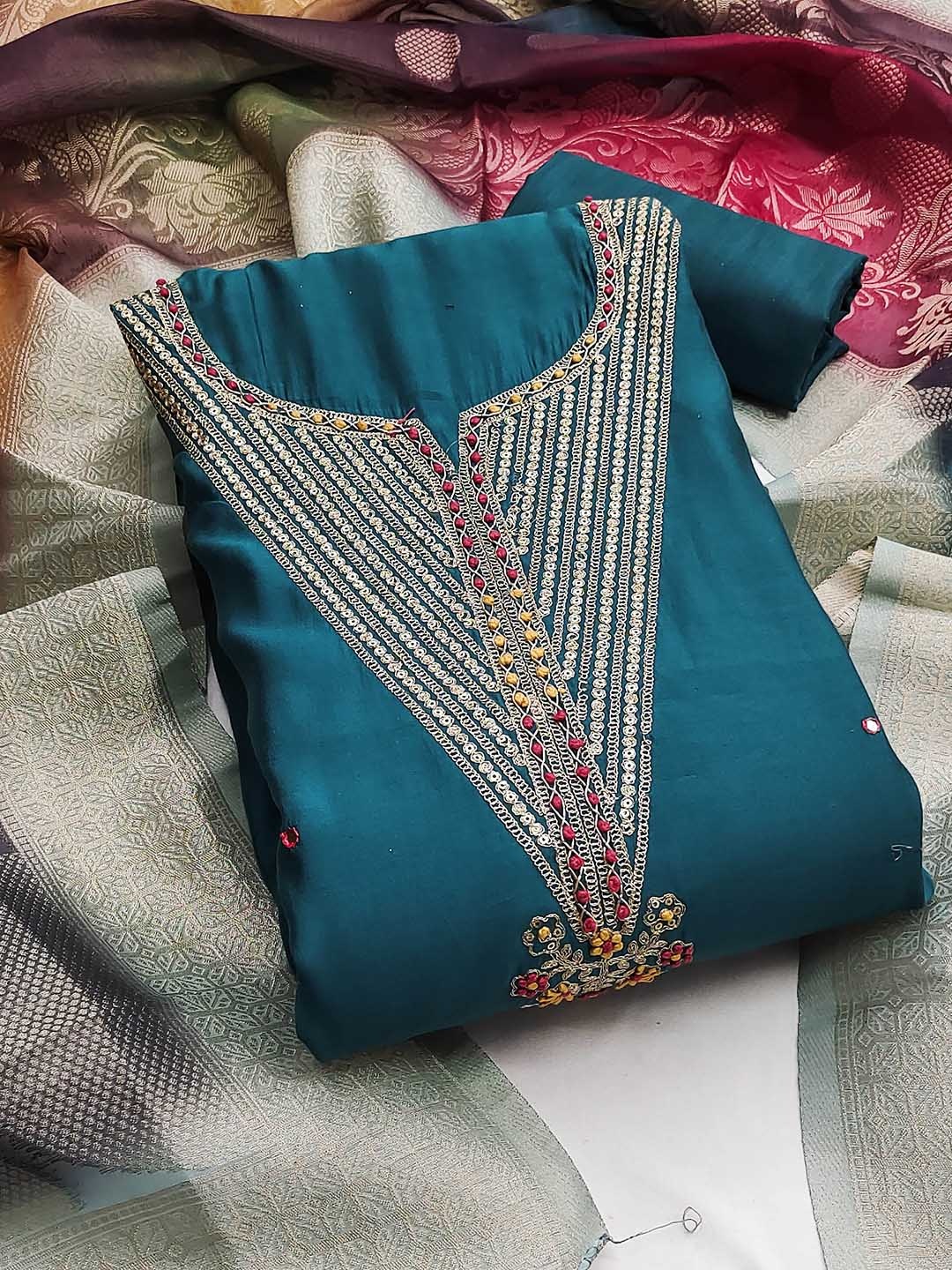 

MANVAA Embellished Unstitched Dress Material, Teal