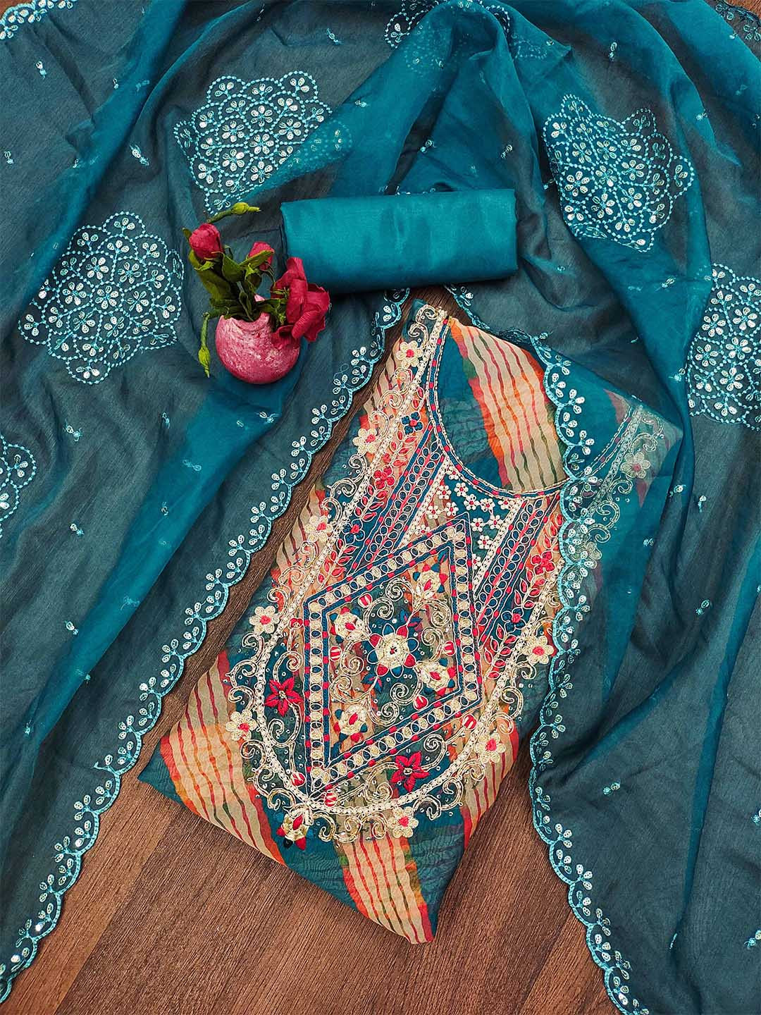 

MANVAA Ethnic Printed Zari Organza Unstitched Dress Material, Teal