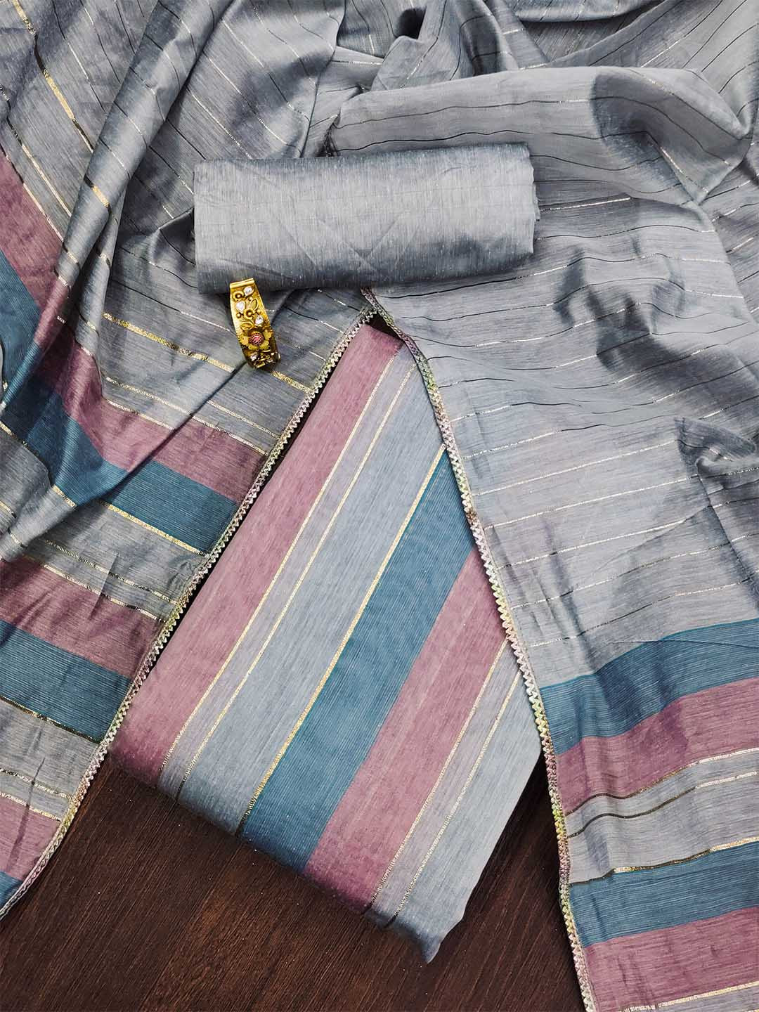 

MANVAA Striped Gotta Patti Unstitched Dress Material, Blue