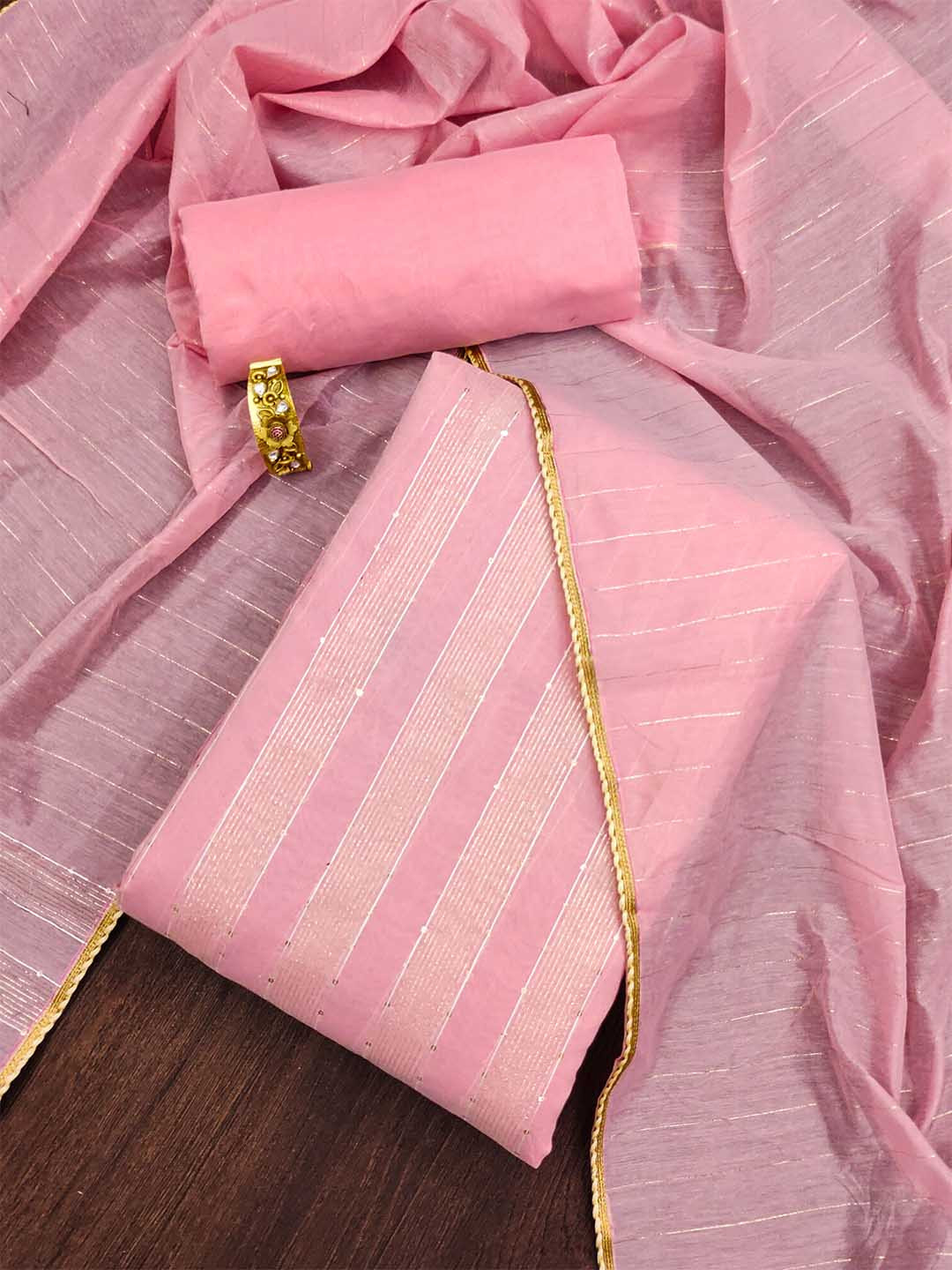 

MANVAA Striped Embellished Sequinned Unstitched Dress Material, Pink