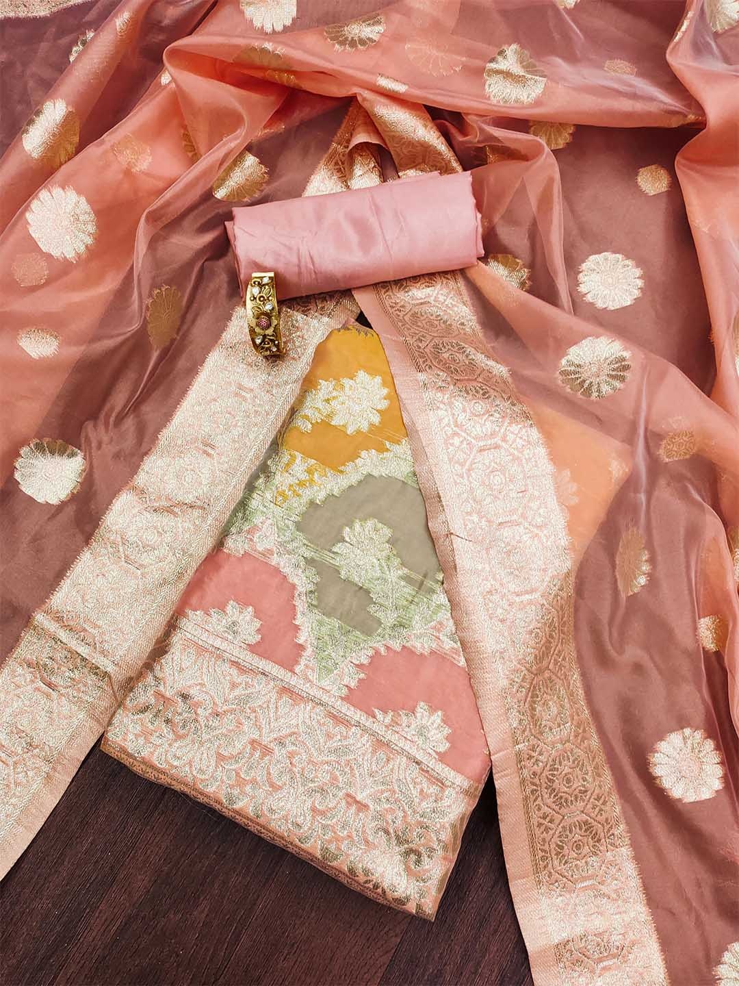 

MANVAA Ethnic Motifs Woven Design Zari Unstitched Dress Material, Peach