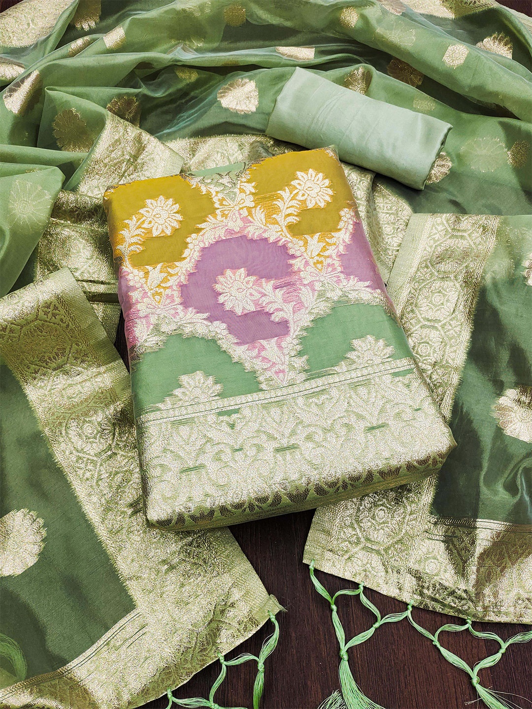 

MANVAA Floral Woven Design Zari Unstitched Dress Material, Green
