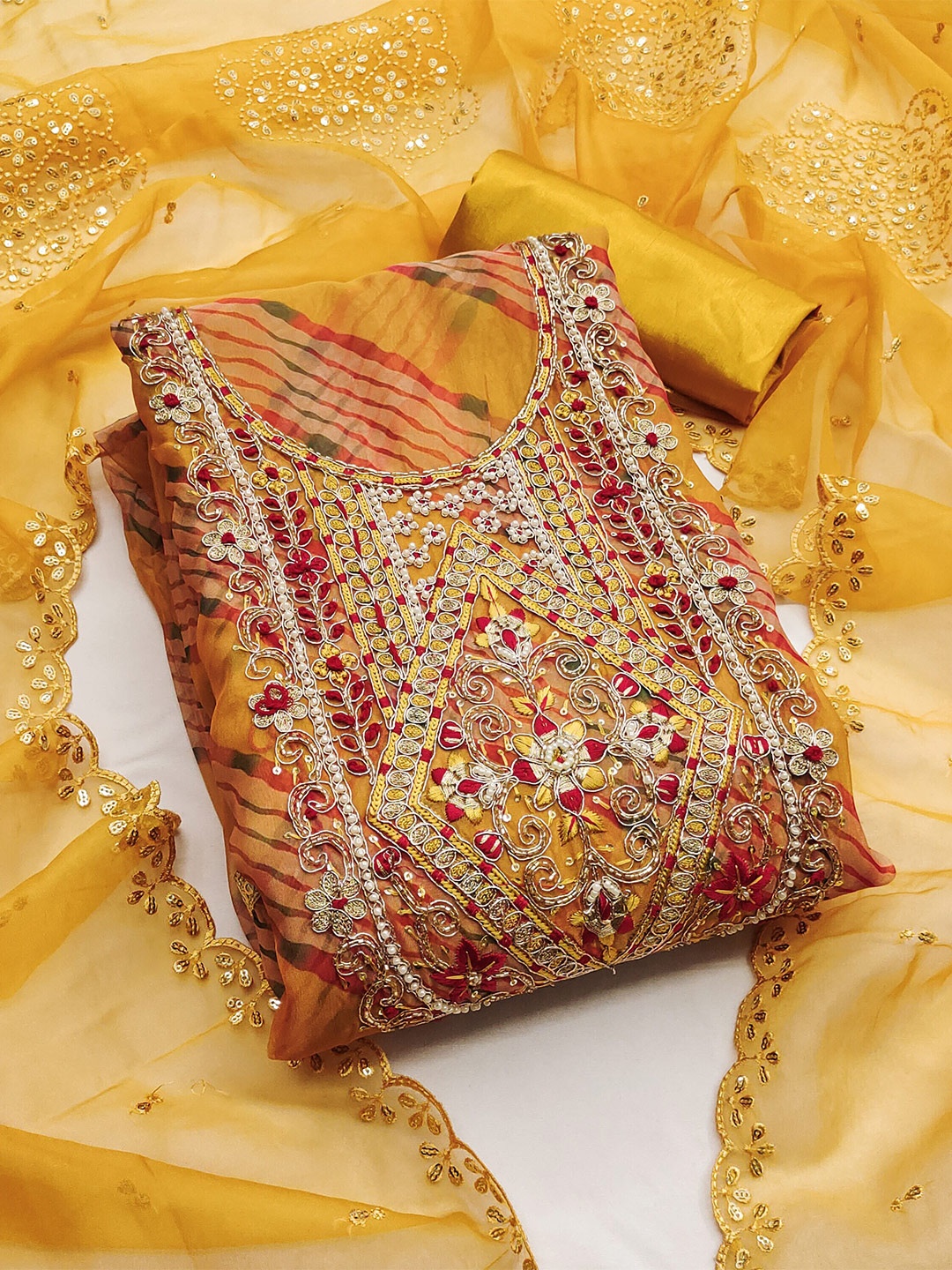 

MANVAA Embellished Organza Unstitched Dress Material, Mustard