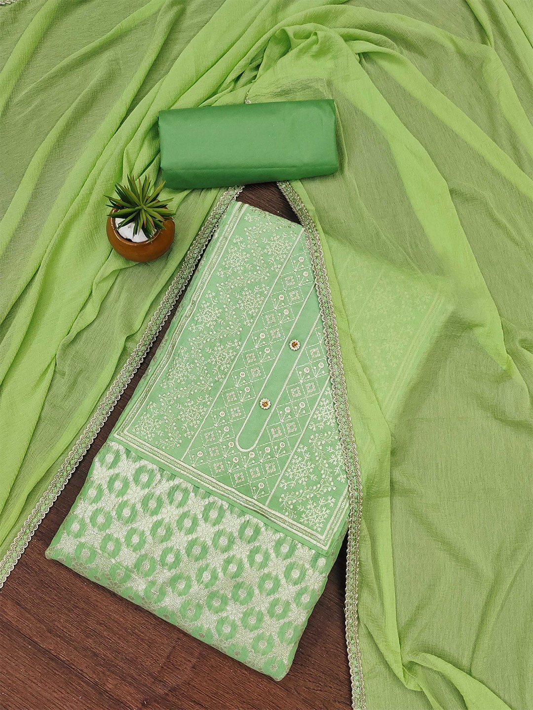 

MANVAA Geometric Woven Design Unstitched Dress Material, Lime green