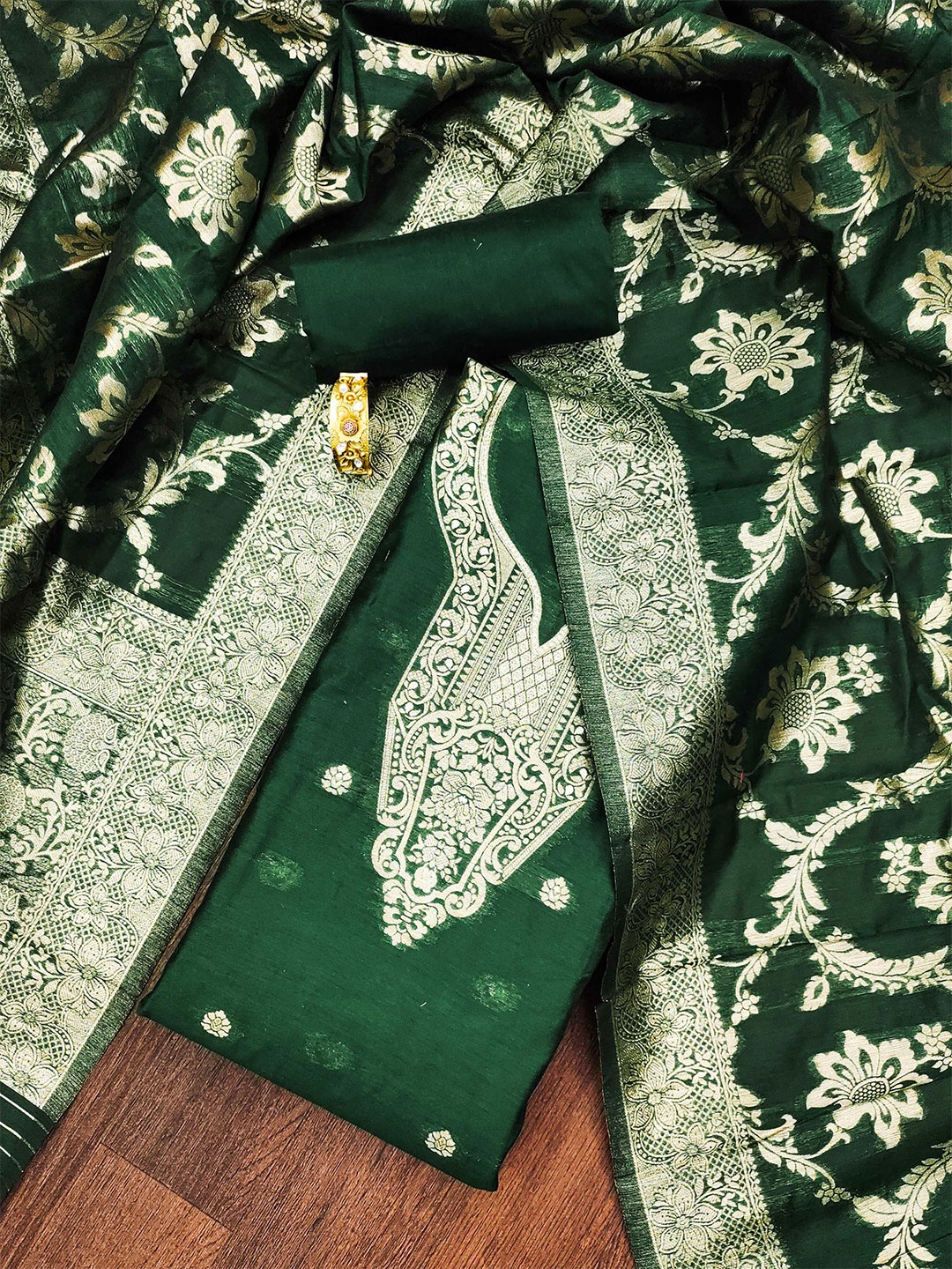 

MANVAA Ethnic Motifs Woven Design Unstitched Dress Material, Olive