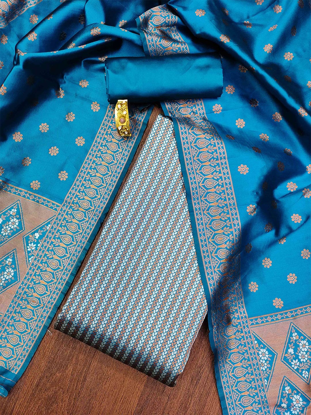 

MANVAA Ethnic Motifs Woven Design Unstitched Dress Material, Blue