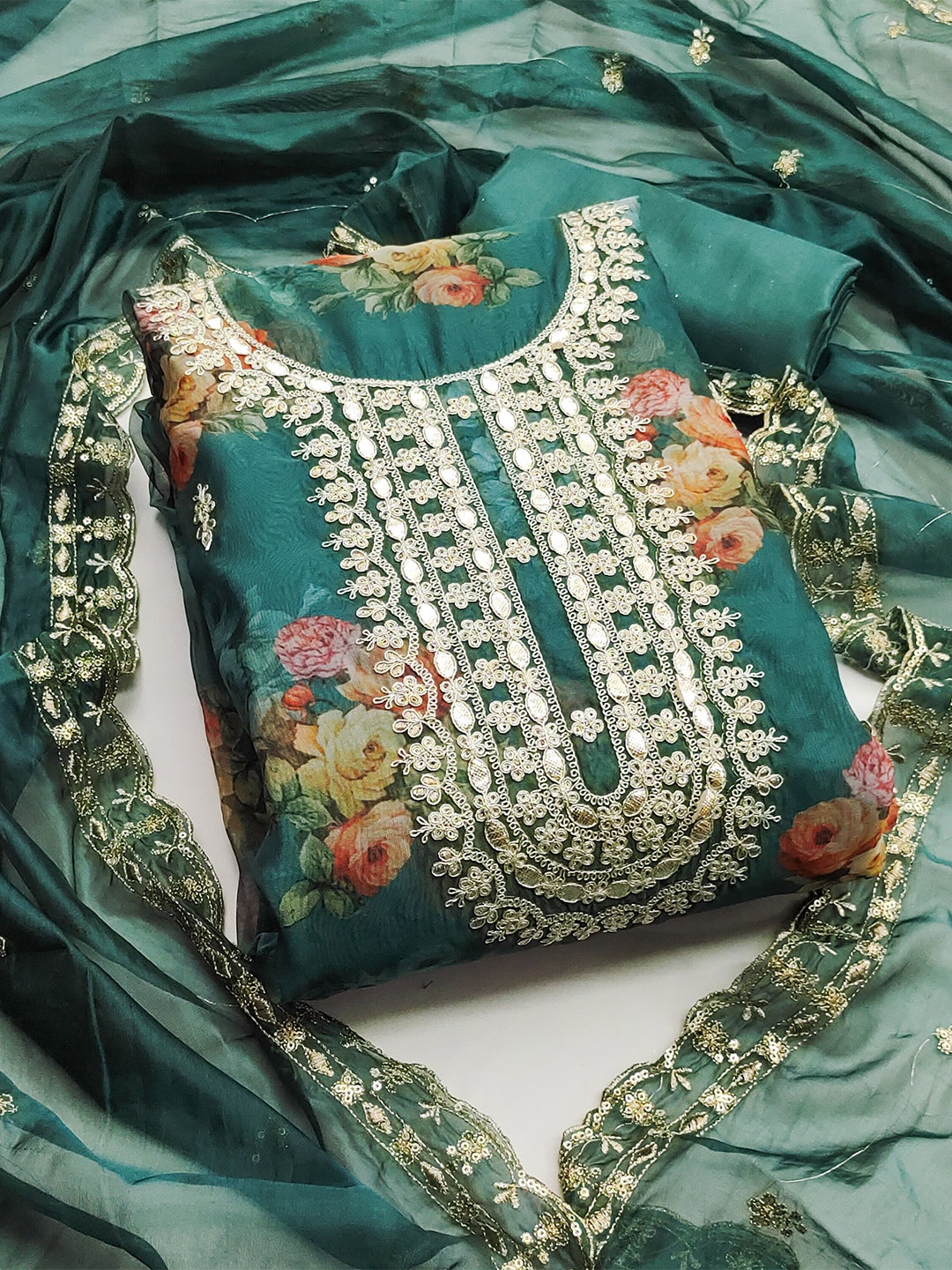 

MANVAA Floral Printed Zari Organza Unstitched Dress Material, Sea green