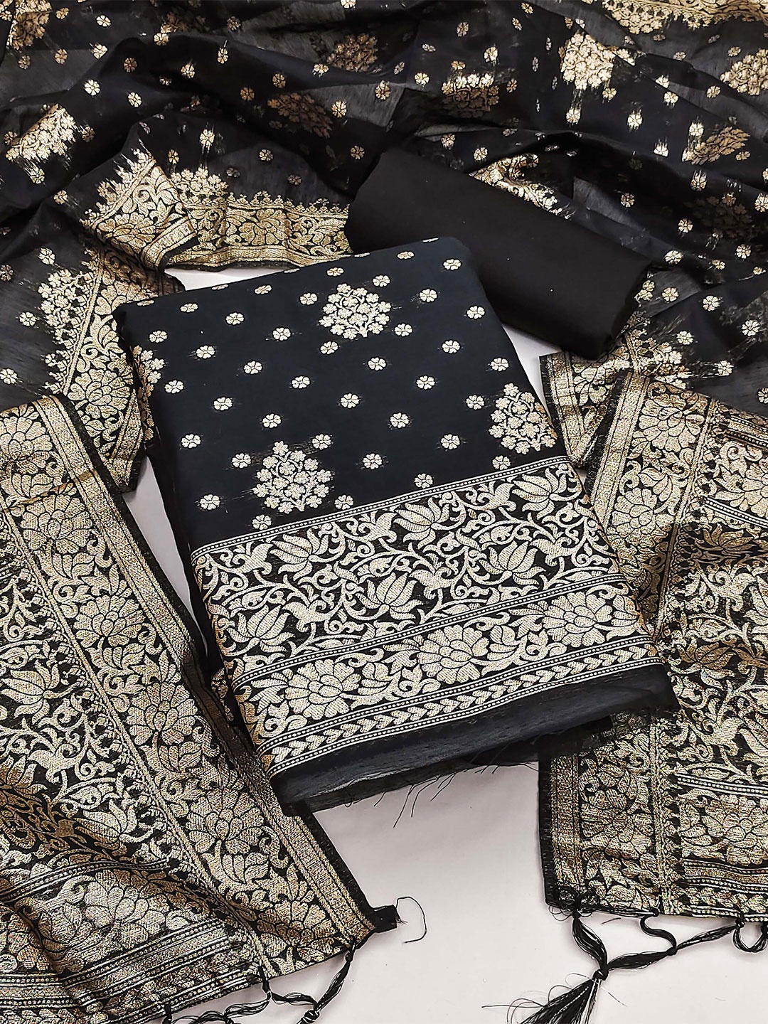 

MANVAA Ethnic Motifs Printed Unstitched Dress Material, Black
