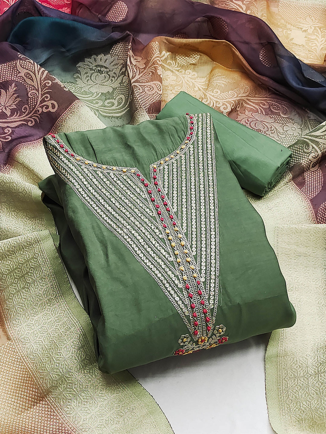 

MANVAA Embellished Unstitched Dress Material, Green