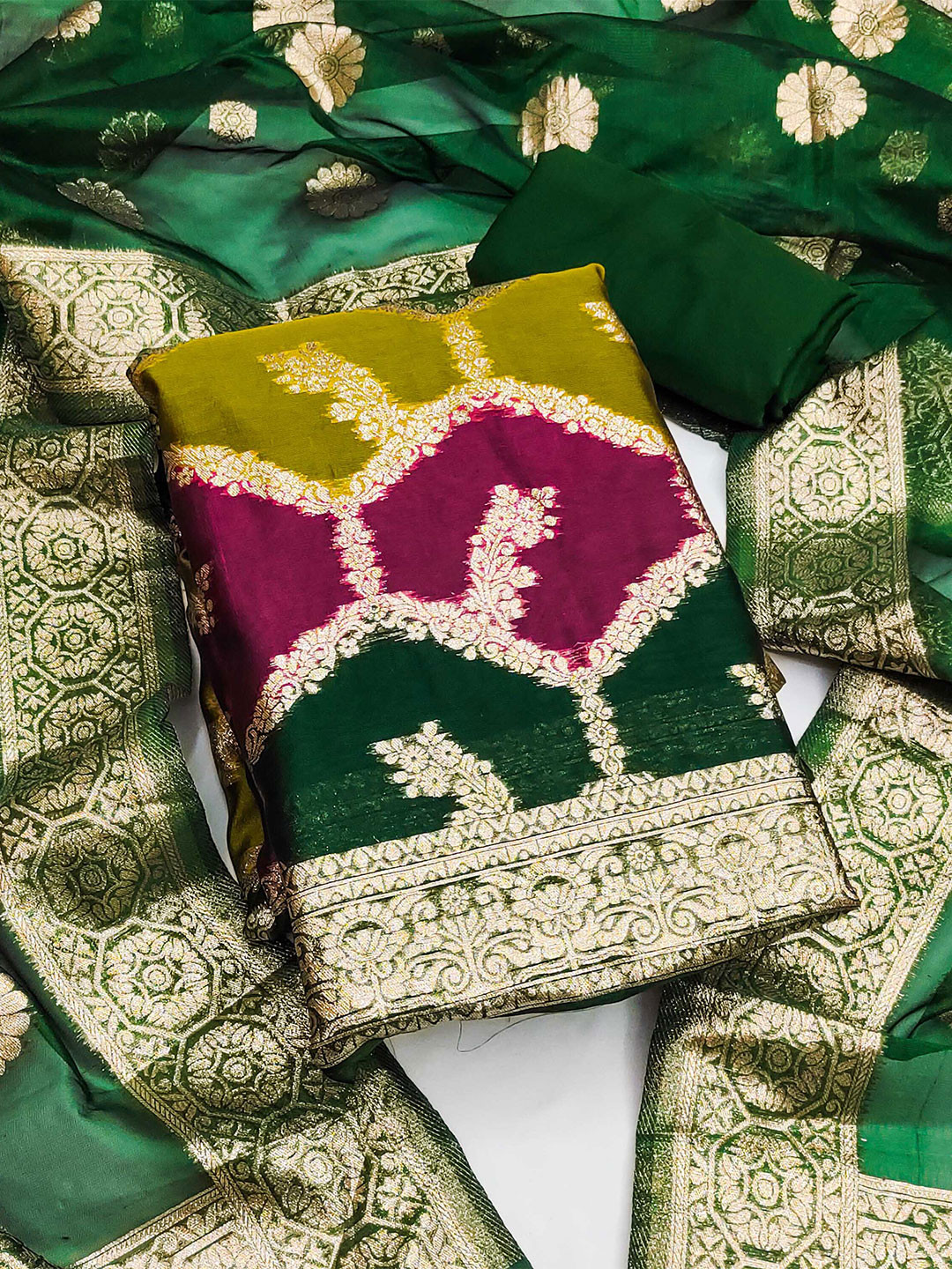 

MANVAA Floral Woven Design Zari Organza Unstitched Dress Material, Green