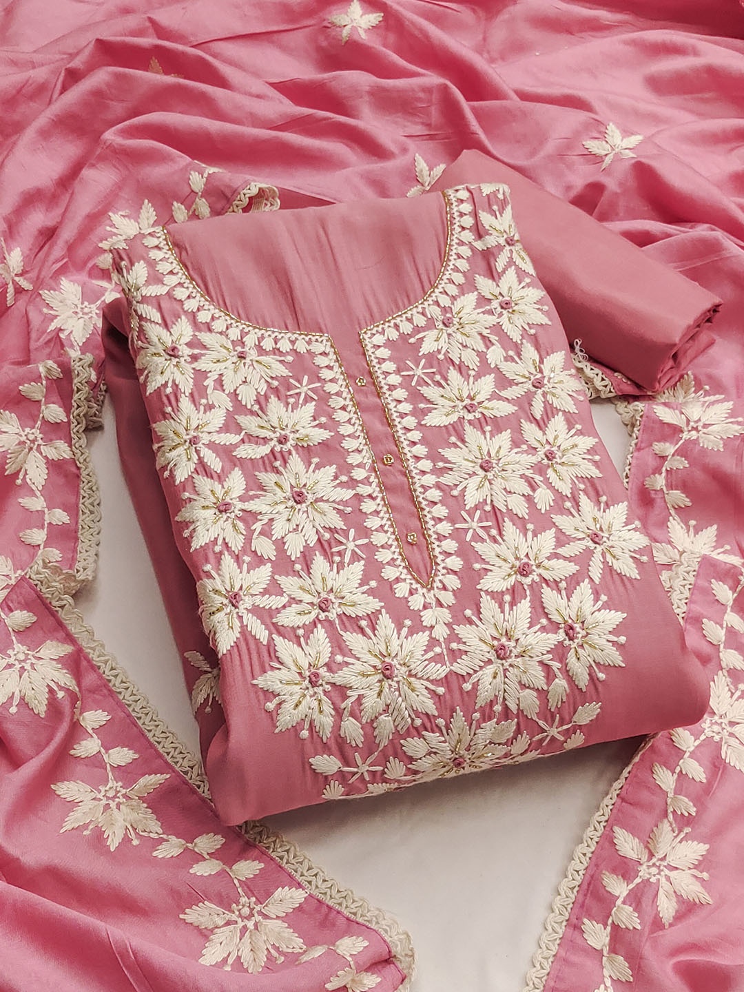 

MANVAA Embellished Unstitched Dress Material, Pink