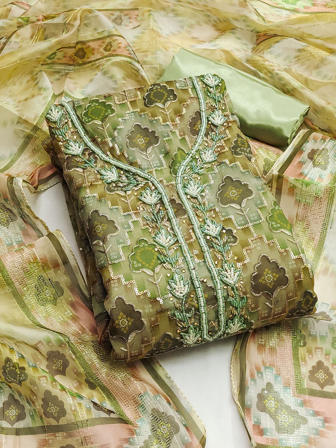 

MANVAA Floral Embellished Unstitched Dress Material, Lime green
