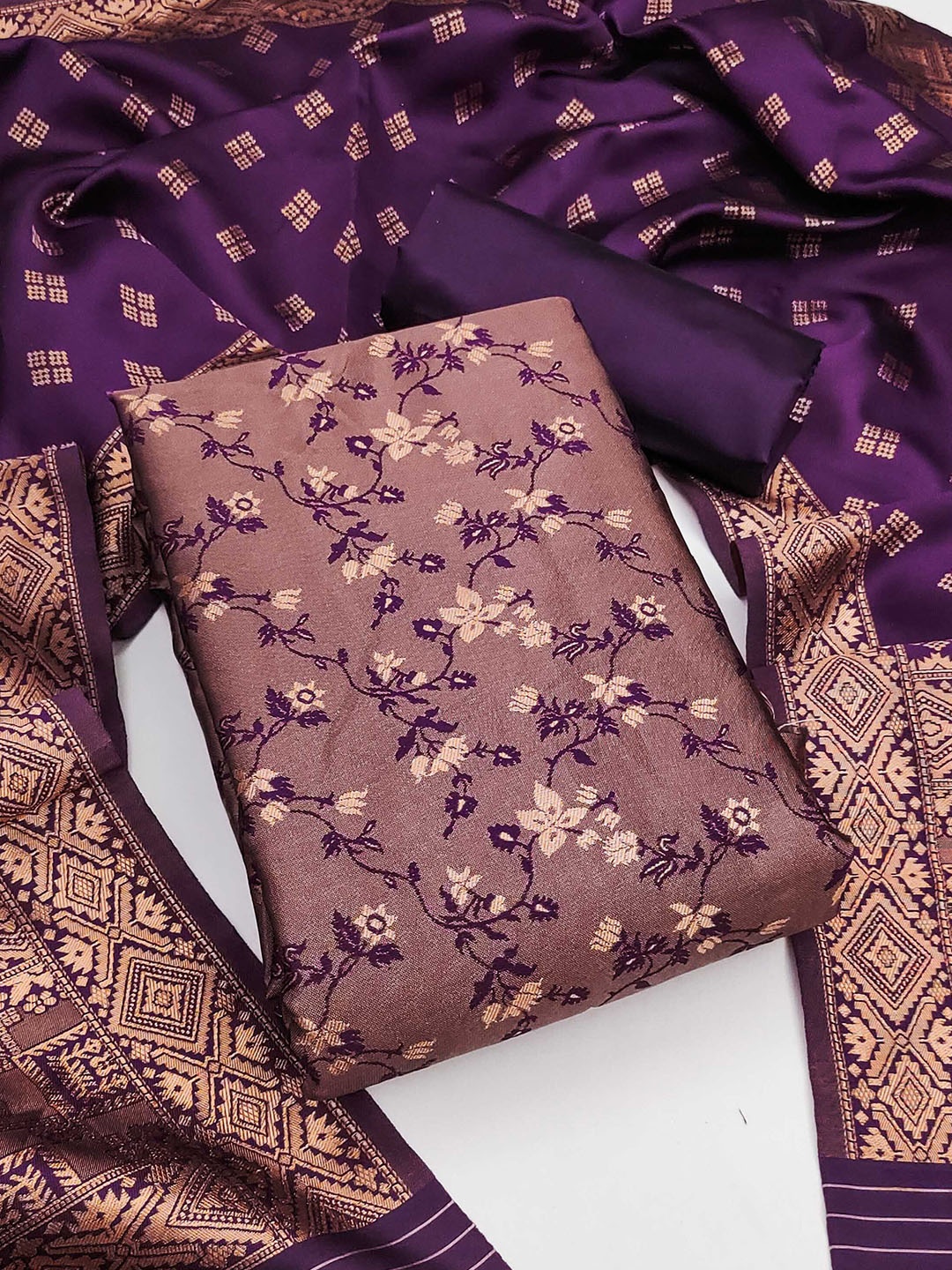 

MANVAA Floral Jacquard Woven Design Unstitched Dress Material, Violet