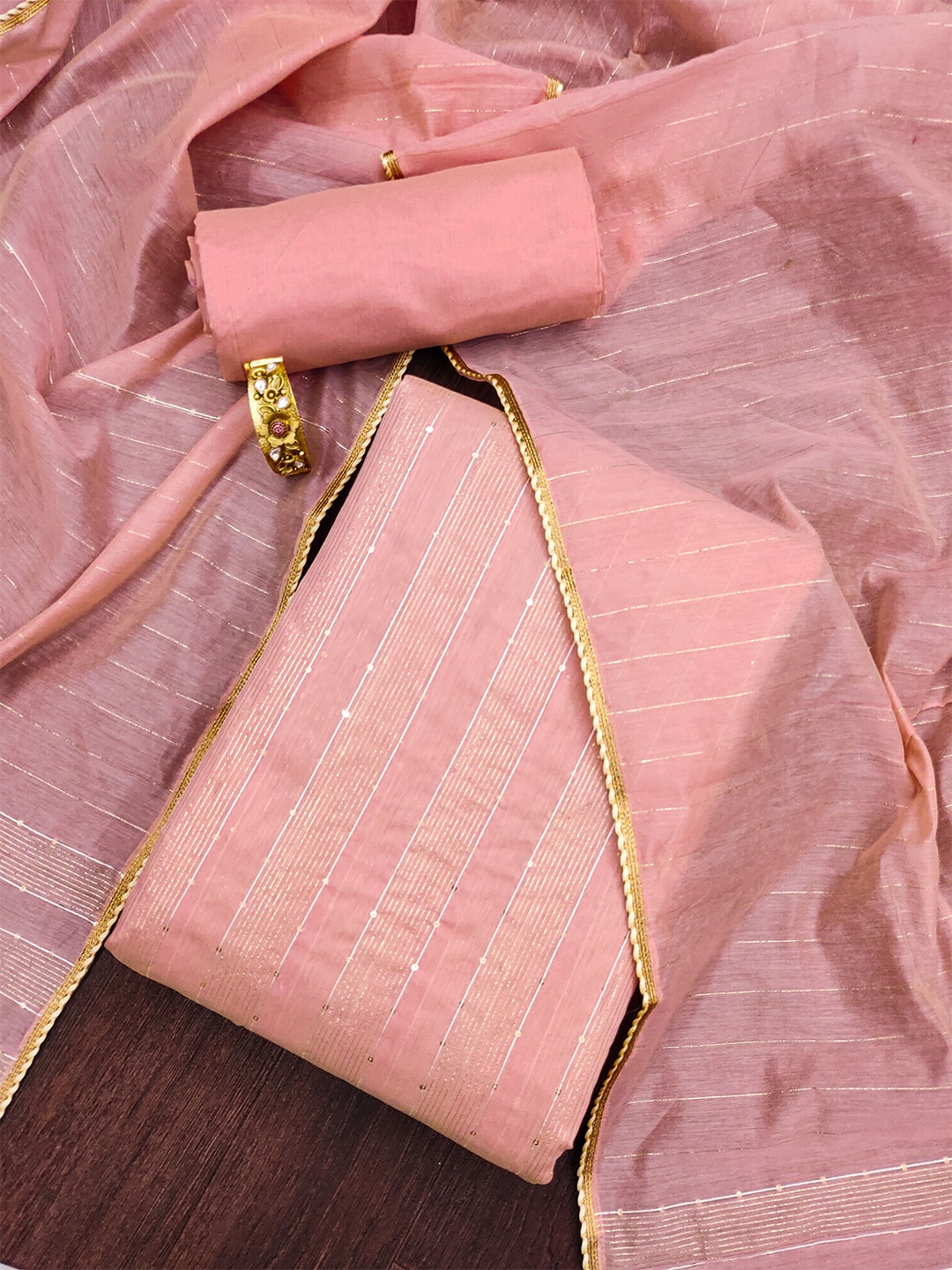 

MANVAA Striped Gotta Patti Unstitched Dress Material, Peach