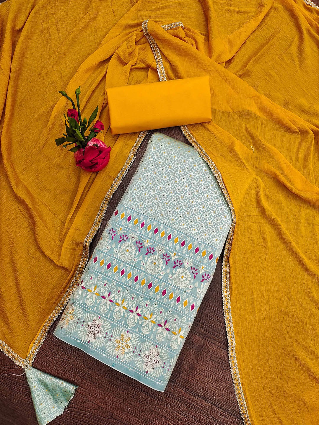 

MANVAA Ethnic Motifs Woven Design Unstitched Dress Material, Sea green