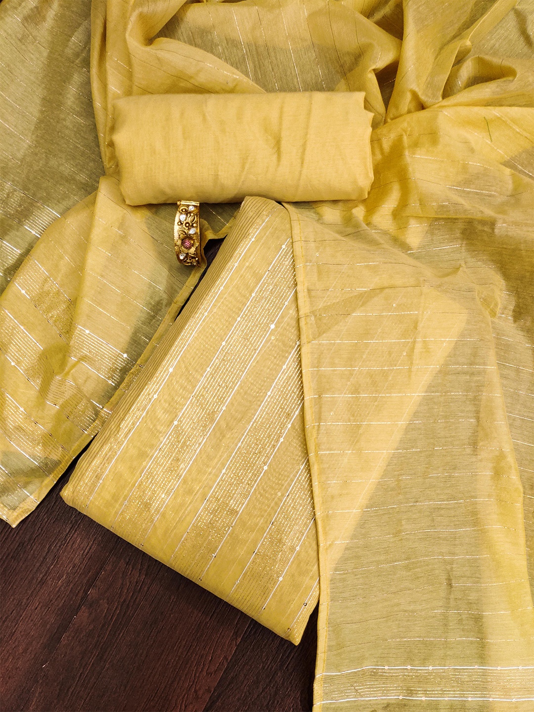 

MANVAA Striped Sequinned Unstitched Dress Material, Yellow