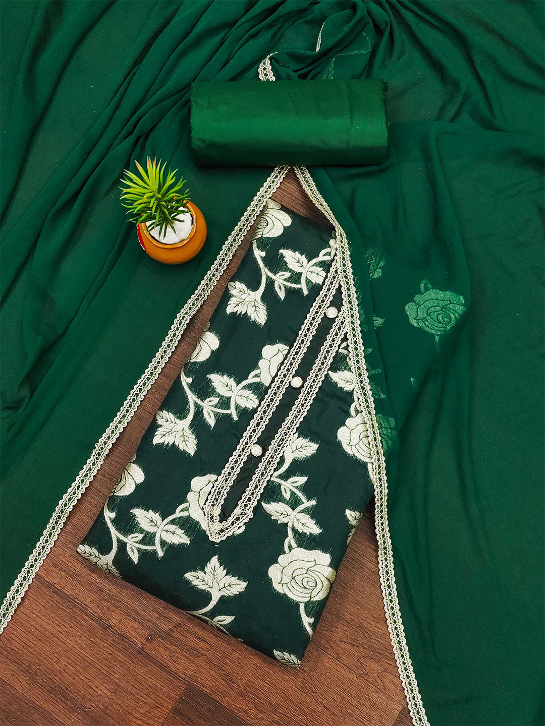 

MANVAA Floral Woven Design Zari Banarasi Jacquard Unstitched Dress Material, Green