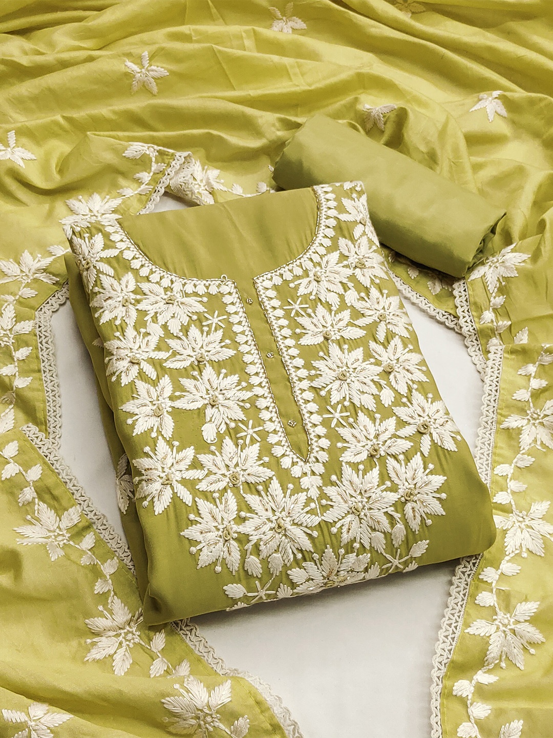 

MANVAA Embellished Unstitched Dress Material, Lime green