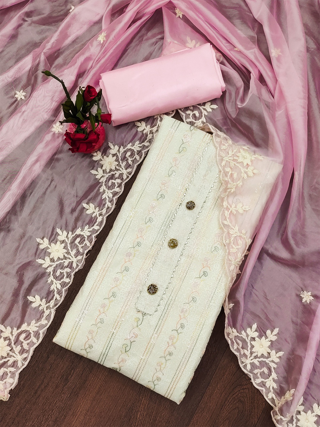 

MANVAA Ethnic Motifs Printed Unstitched Dress Material, Off white