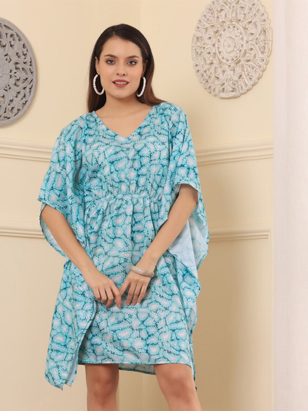 

Chanting Blue Abstract Printed Kimono Sleeve Gathered Kaftan Dress