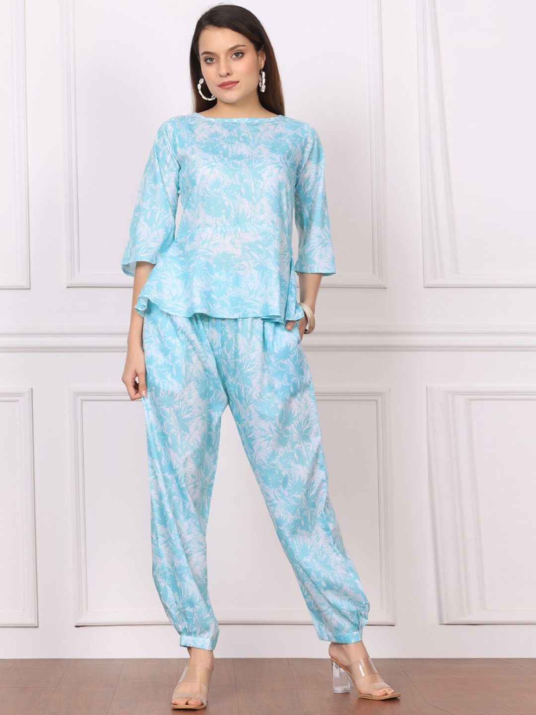 

Chanting Blue Leaf Printed Boat Neck Top with Trousers