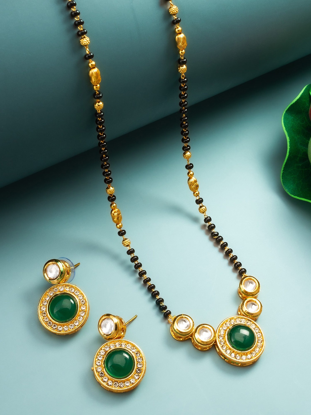 

aadita Gold-Plated Kundan Stone Studded and Beaded Mangalsutra