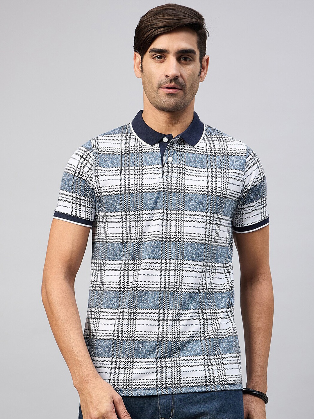 

Austin wood Checked Polo Collar Short Sleeves Cotton Regular T-shirt, Blue