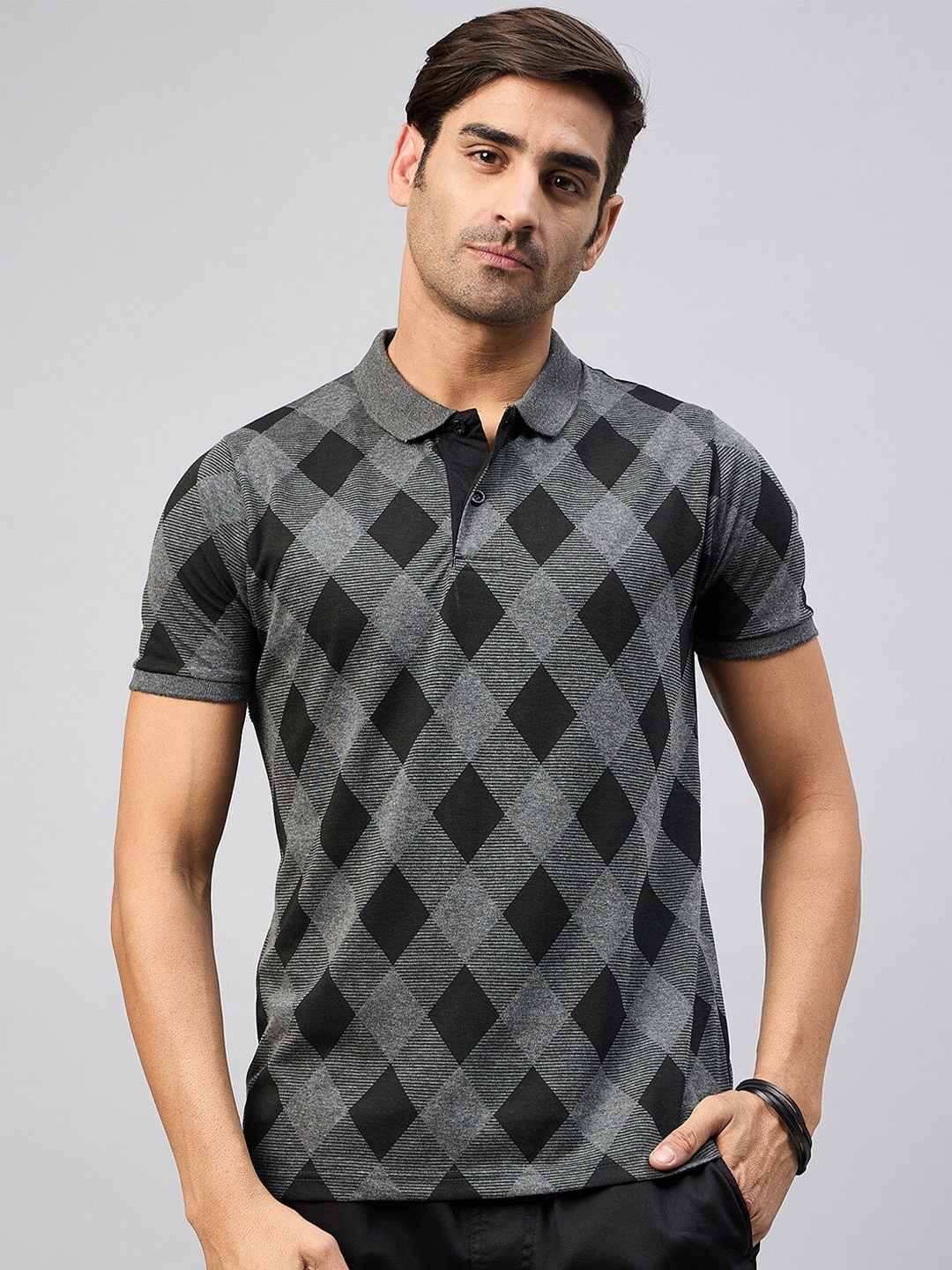 

Austin wood Checked Polo Collar Short Sleeves Cotton Regular T-shirt, Grey