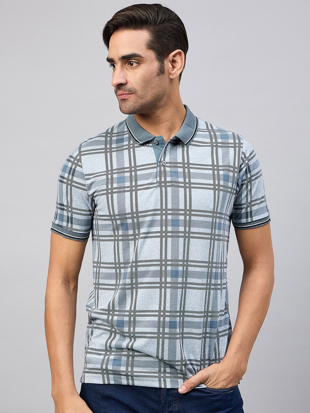 

Austin wood Checked Polo Collar Short Sleeves Cotton Regular T-shirt, Grey