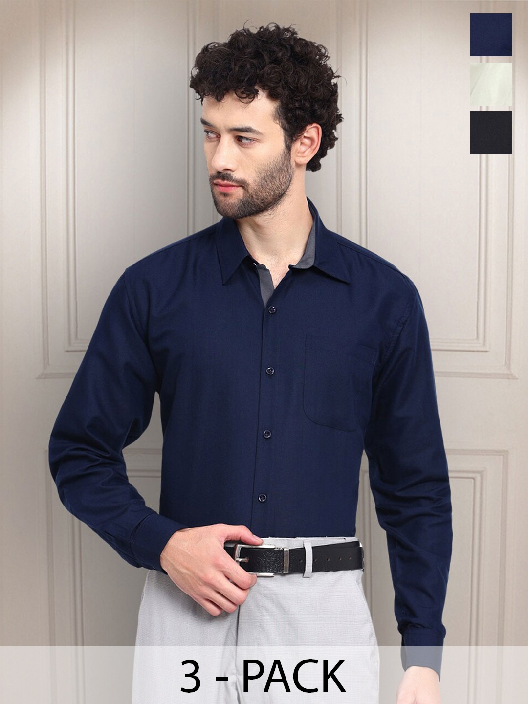 

Tee Projekt Pack of 3 Premium Cotton Formal Full Sleeve Shirts, Blue
