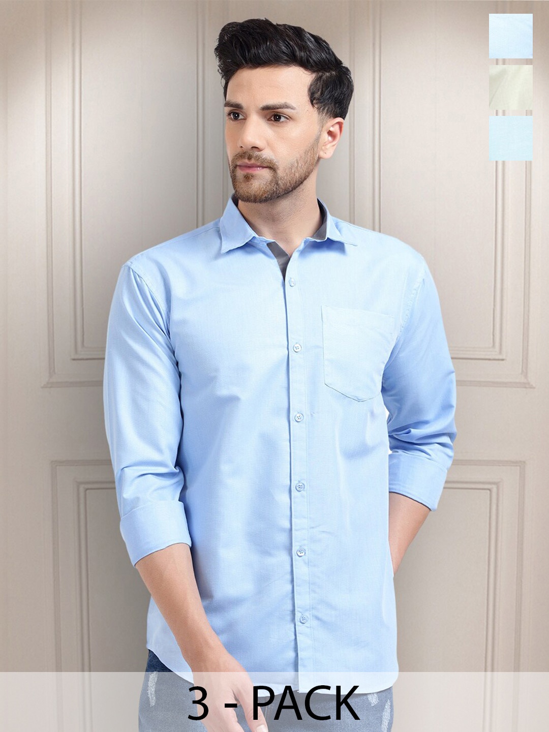 

Tee Projekt Pack of 3 Premium Cotton Formal Full Sleeve Shirts, Blue