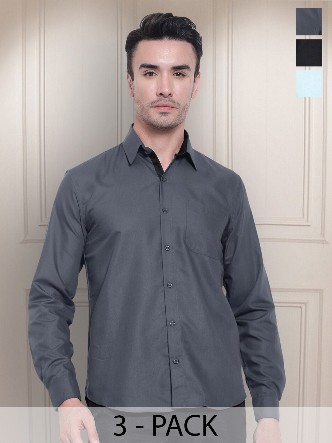 

Tee Projekt Pack of 3 Premium Cotton Formal Full Sleeve Shirts, Grey