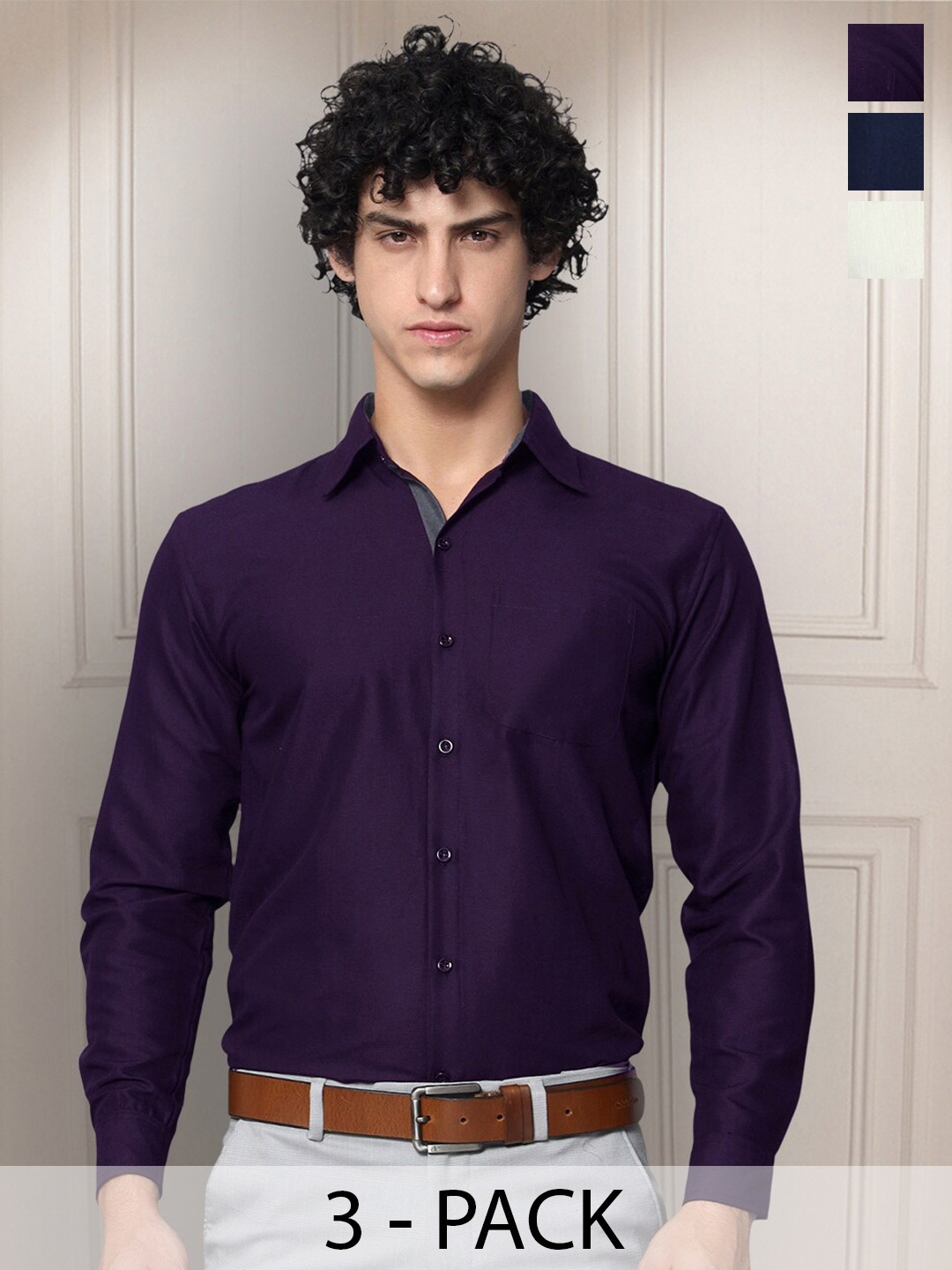 

Tee Projekt Pack of 3 Premium Cotton Formal Full Sleeve Shirts, Purple