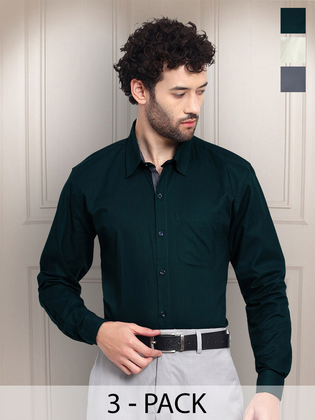 

Tee Projekt Pack of 3 Premium Cotton Formal Full Sleeve Shirts, Green