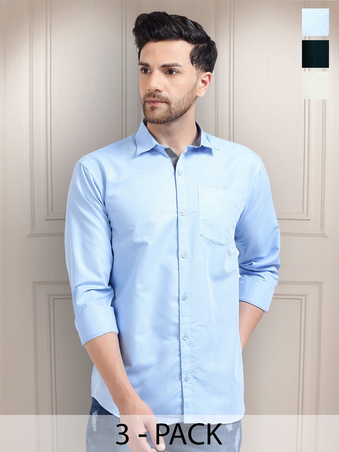 

Tee Projekt Pack of 3 Premium Cotton Formal Full Sleeve Shirts, Blue
