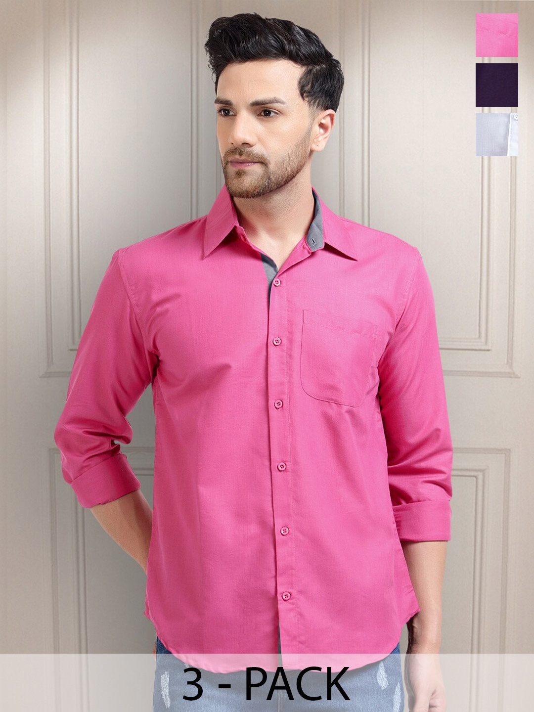 

Tee Projekt Pack of 3 Premium Cotton Formal Full Sleeve Shirts, Pink