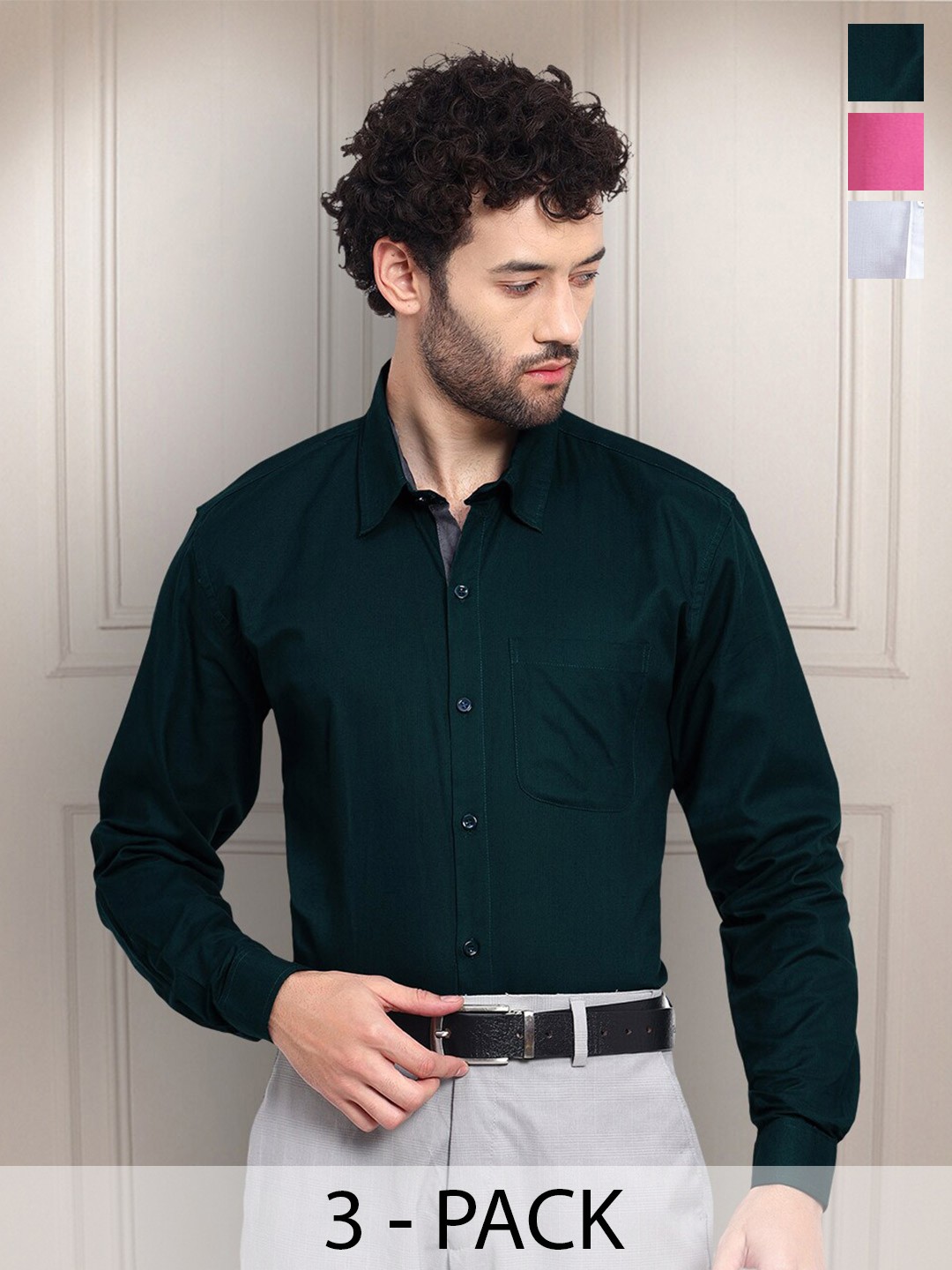 

Tee Projekt Pack of 3 Premium Cotton Formal Full Sleeve Shirts, Green
