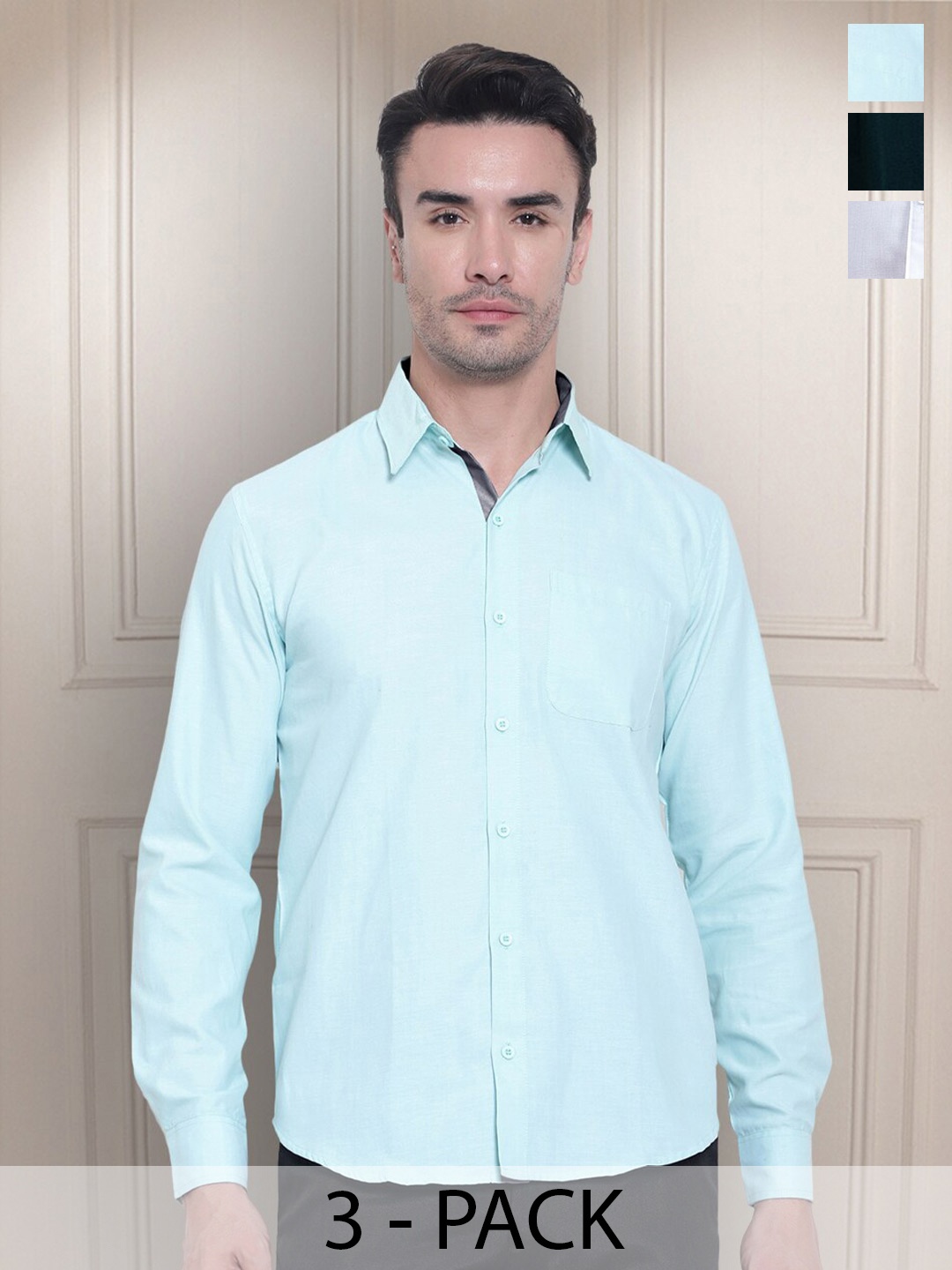 

Tee Projekt Pack of 3 Premium Cotton Formal Full Sleeve Shirts, Blue