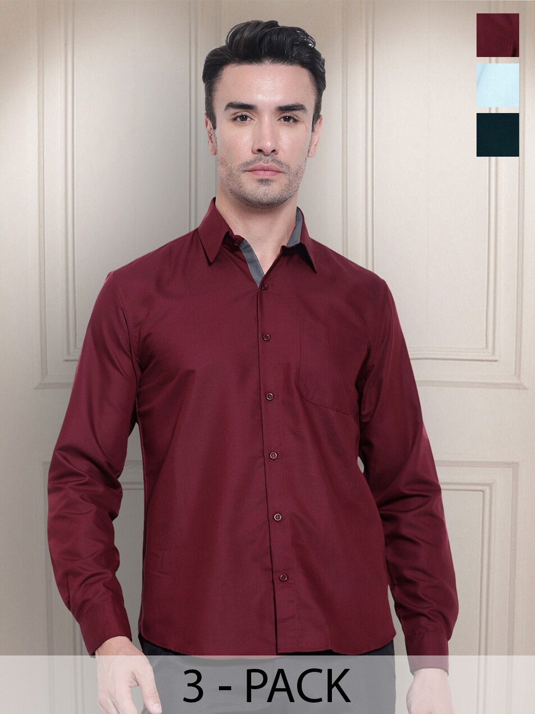 

Tee Projekt Pack of 3 Premium Cotton Formal Full Sleeve Shirts, Maroon