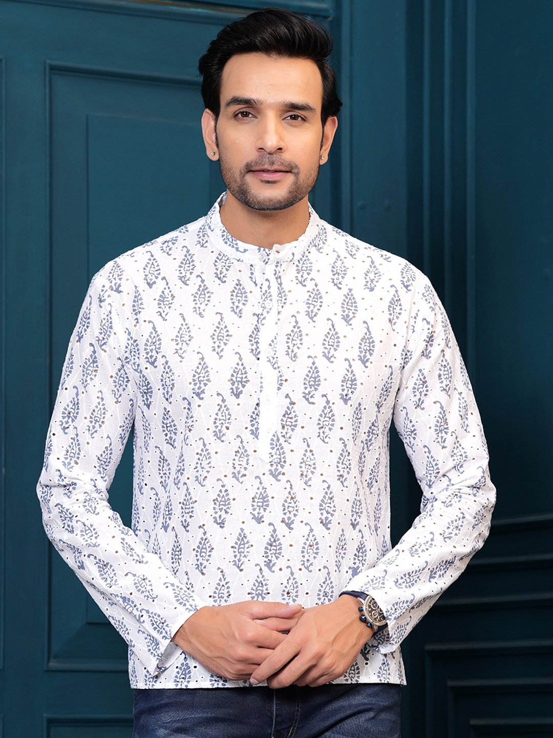 

Hatheli Ethnic Motifs Printed Mandarin Collar Pure Cotton Straight Kurta, White