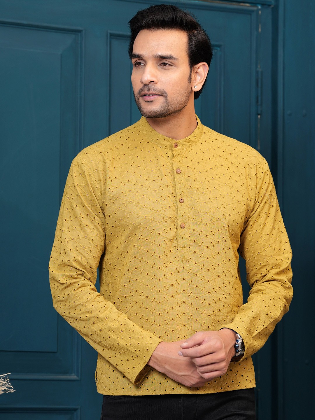 

Hatheli Self Designed Band Collar Pure Cotton Straight Kurta, Mustard