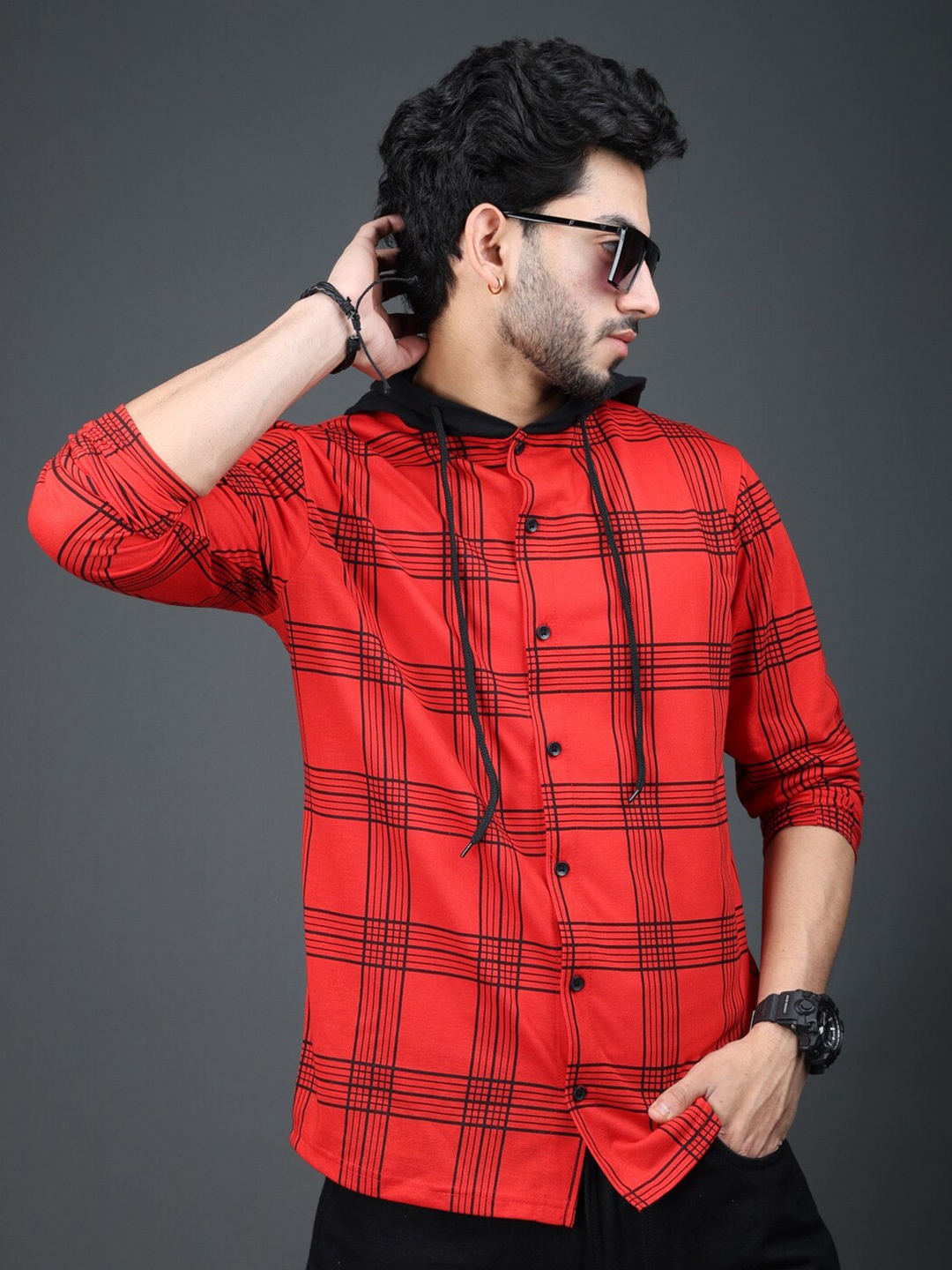 

Eyebogler Checked Hooded Casual Shirt, Red