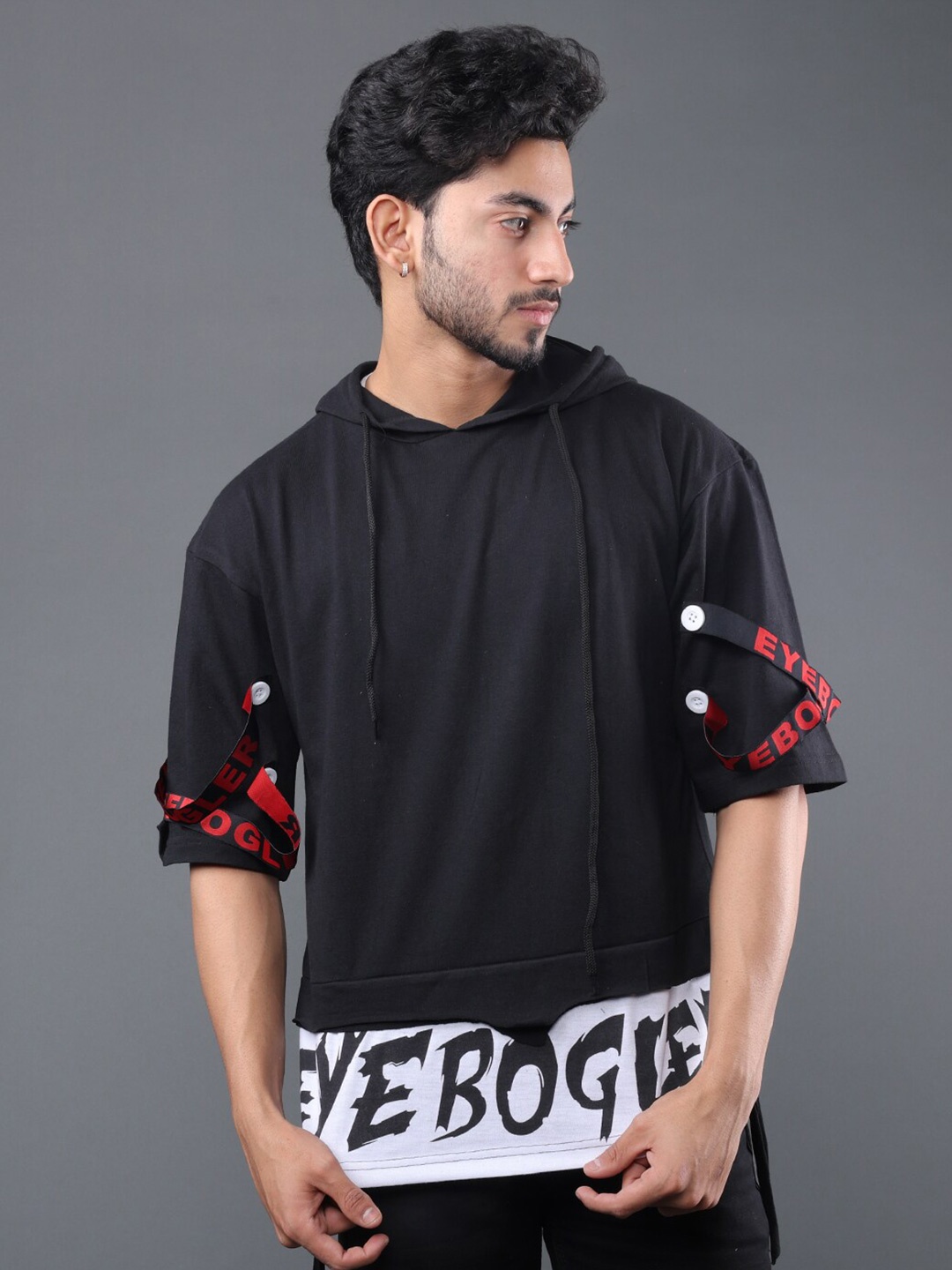 

Eyebogler Typography Printed Hooded Cotton T-shirt, Black
