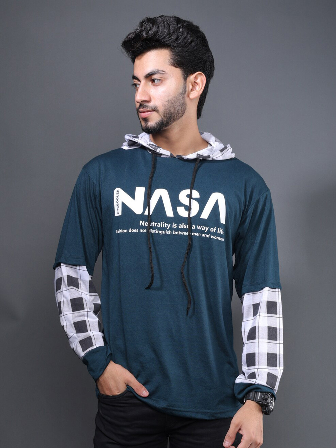 

Eyebogler Typography Printed Hooded Cotton Casual T-shirt, Teal