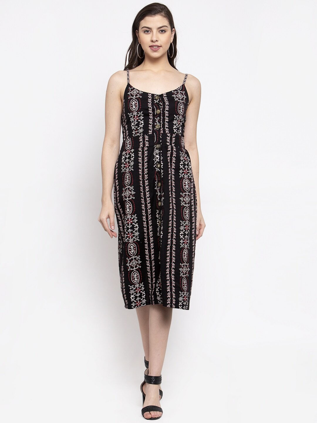 

Miaz Lifestyle Tribal Print Shoulder Straps Fit & Flare Cotton Midi Dress, Black