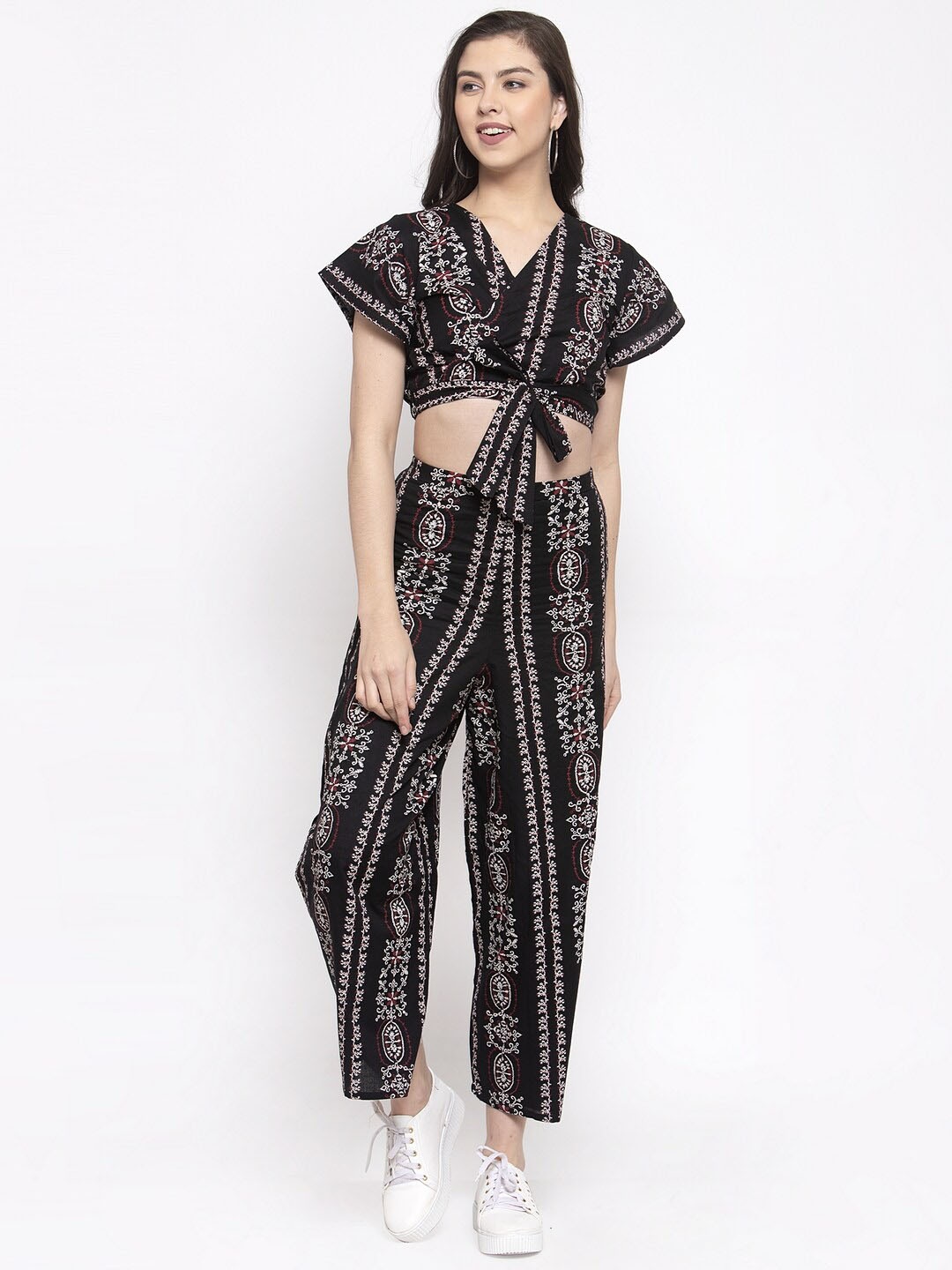 

Miaz Lifestyle Ethnic Motifs Embroidered V-Neck Crop Top With Trousers, Black