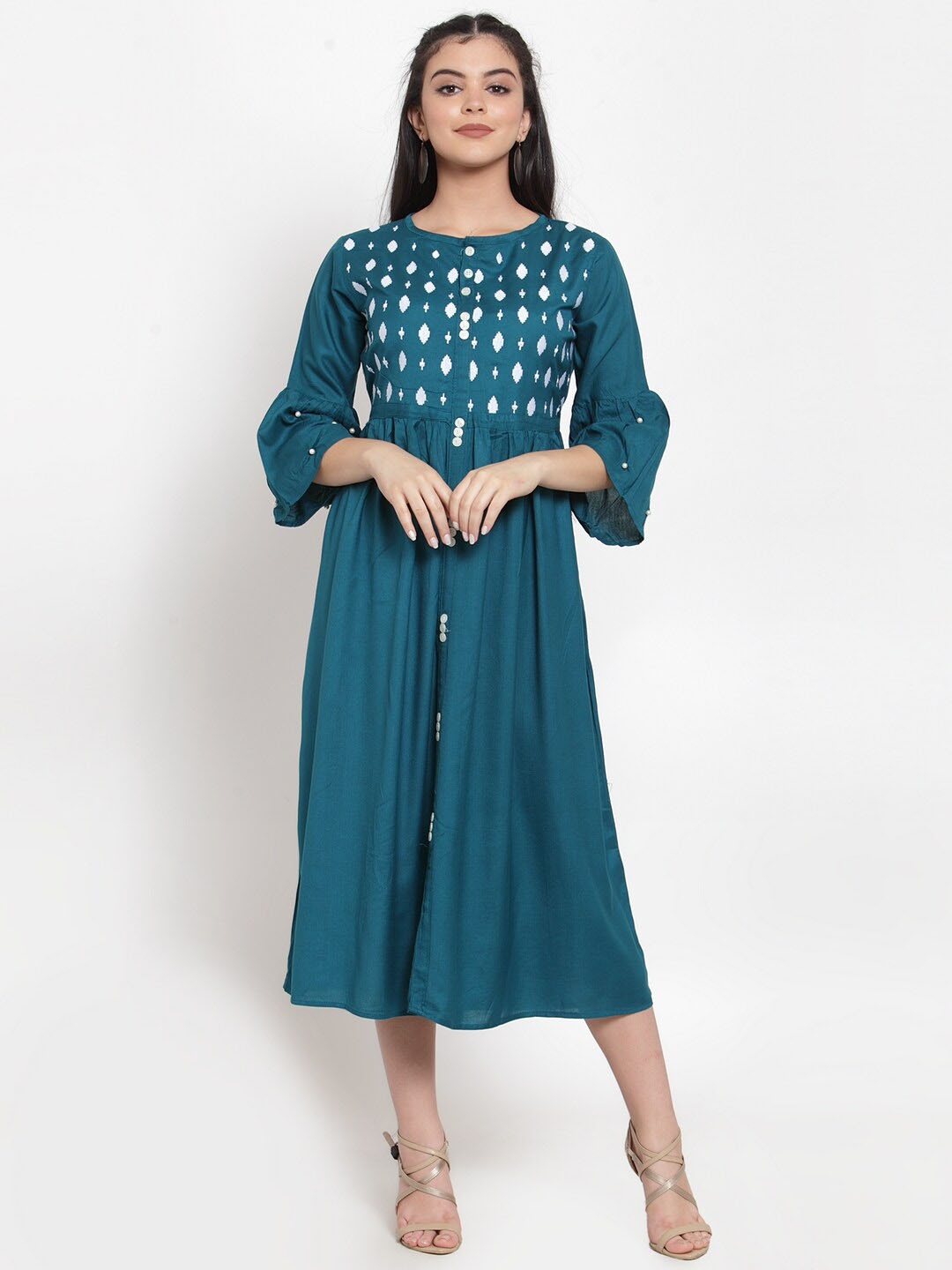 

Miaz Lifestyle Ethnic Motifs Embroidered Bell Sleeve Fit & Flare Midi Dress, Turquoise blue