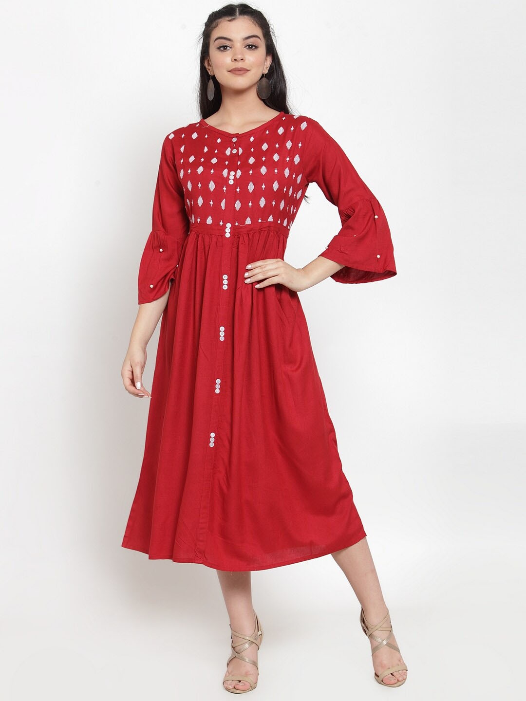 

Miaz Lifestyle Ethnic Motifs Embroidered Bell Sleeve Fit & Flare Midi Dress, Red